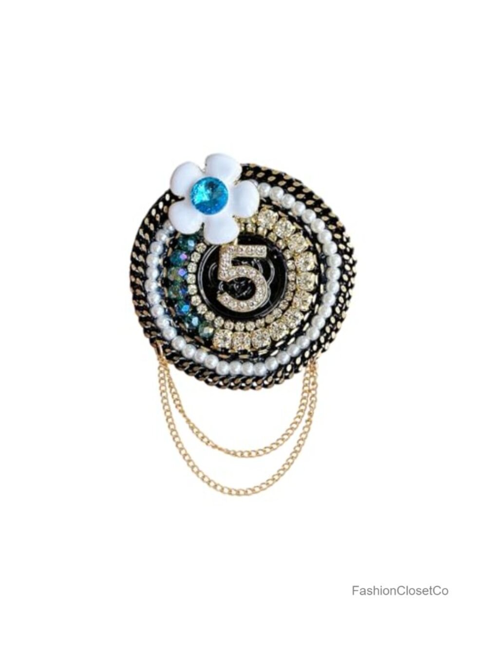 Vintage Number Five Camellia Flower Brooch Lapel Pin Dangling Chain Tassel